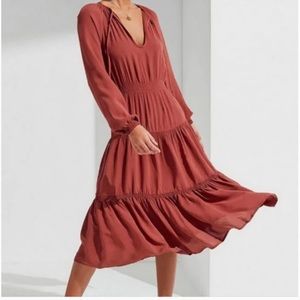 NWT Urban Outfitters Terra Cotta Reese Long Sleeve Smocked Tiered Midi Dress